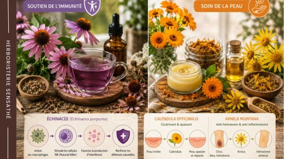 Infographie sur les bienfaits des plantes Astéracées pour l'immunité avec l'échinacée et pour la peau avec le calendula et l'arnica - Herboristerie Sensathé Infographie sur les bienfaits des plantes Astéracées pour l'immunité avec l'échinacée et pour la peau avec le calendula et l'arnica - Herboristerie Sensathé